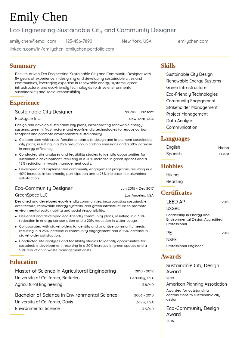 Eco Engineering-Sustainable City and Community Designer resume example