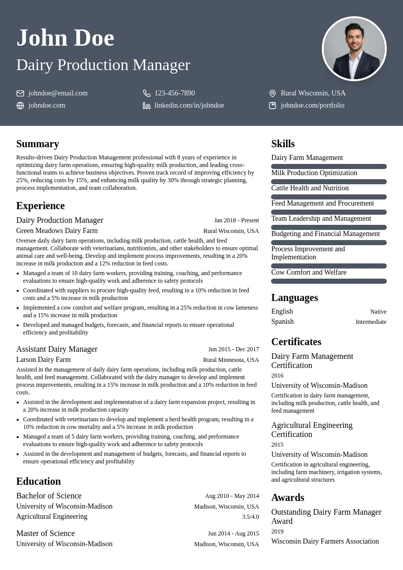 Dairy Production Management resume example