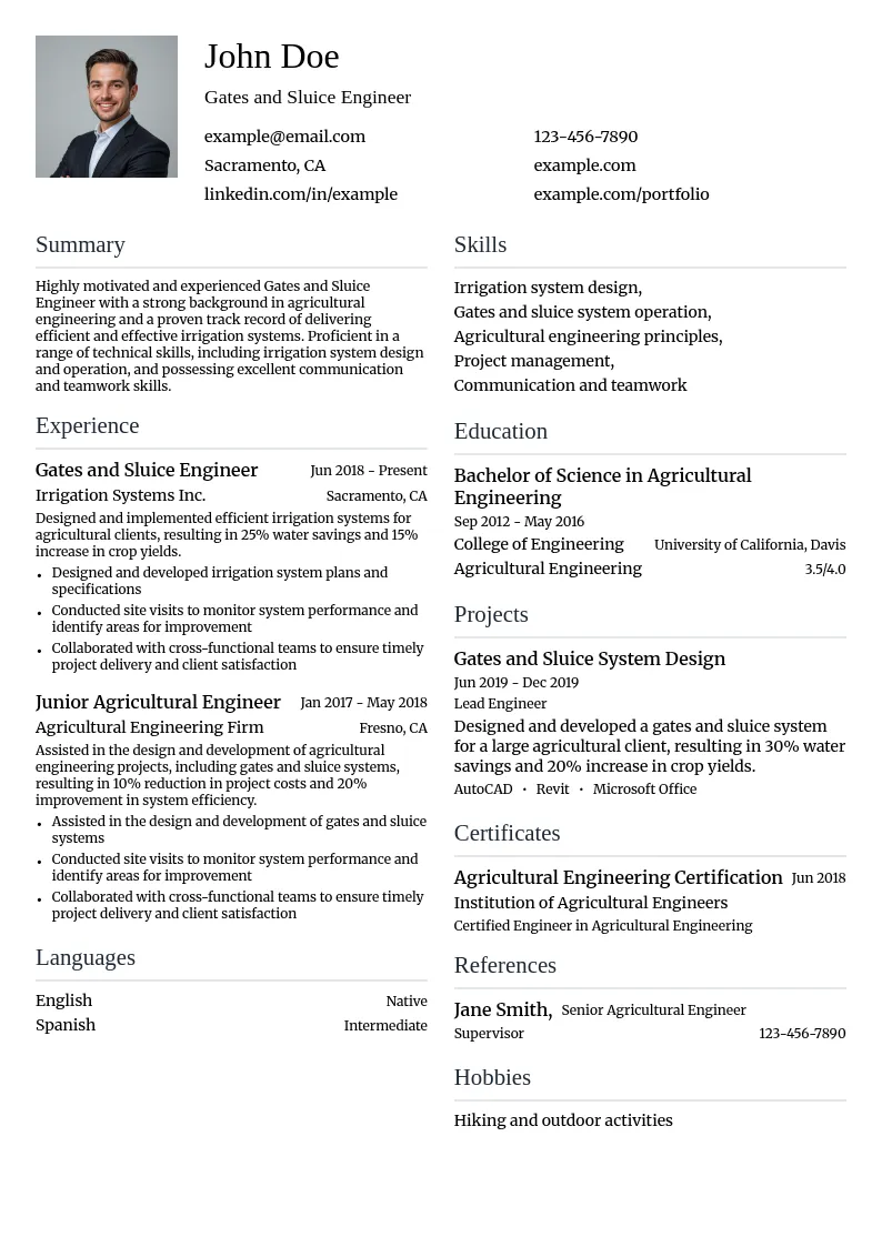 Gates and Sluice Engineer resume example