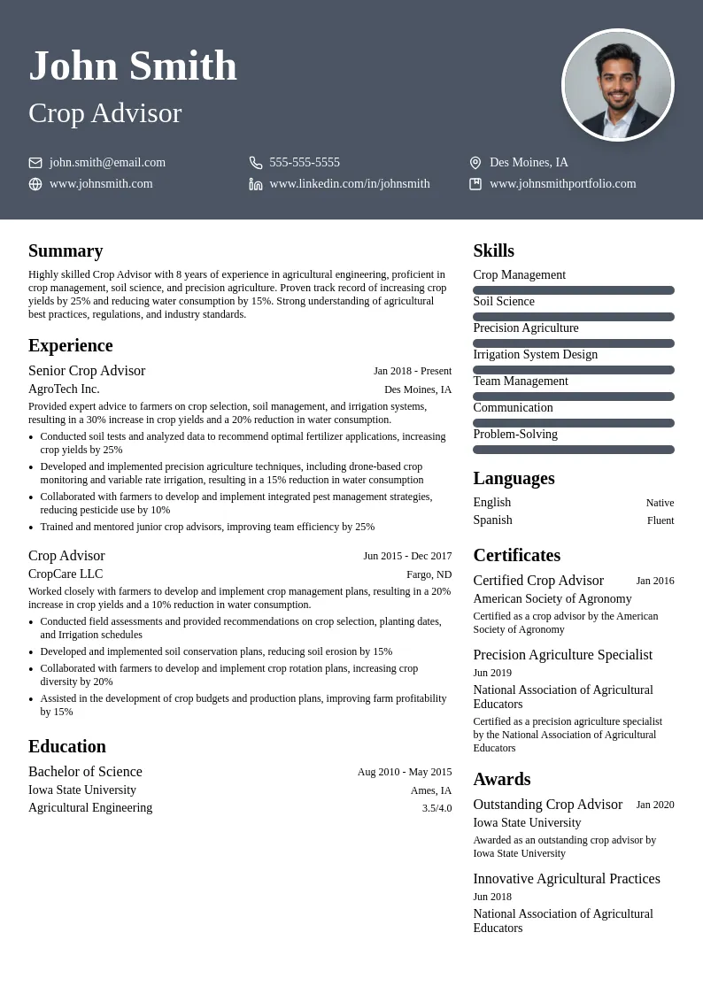 Crop Advisors  resume example