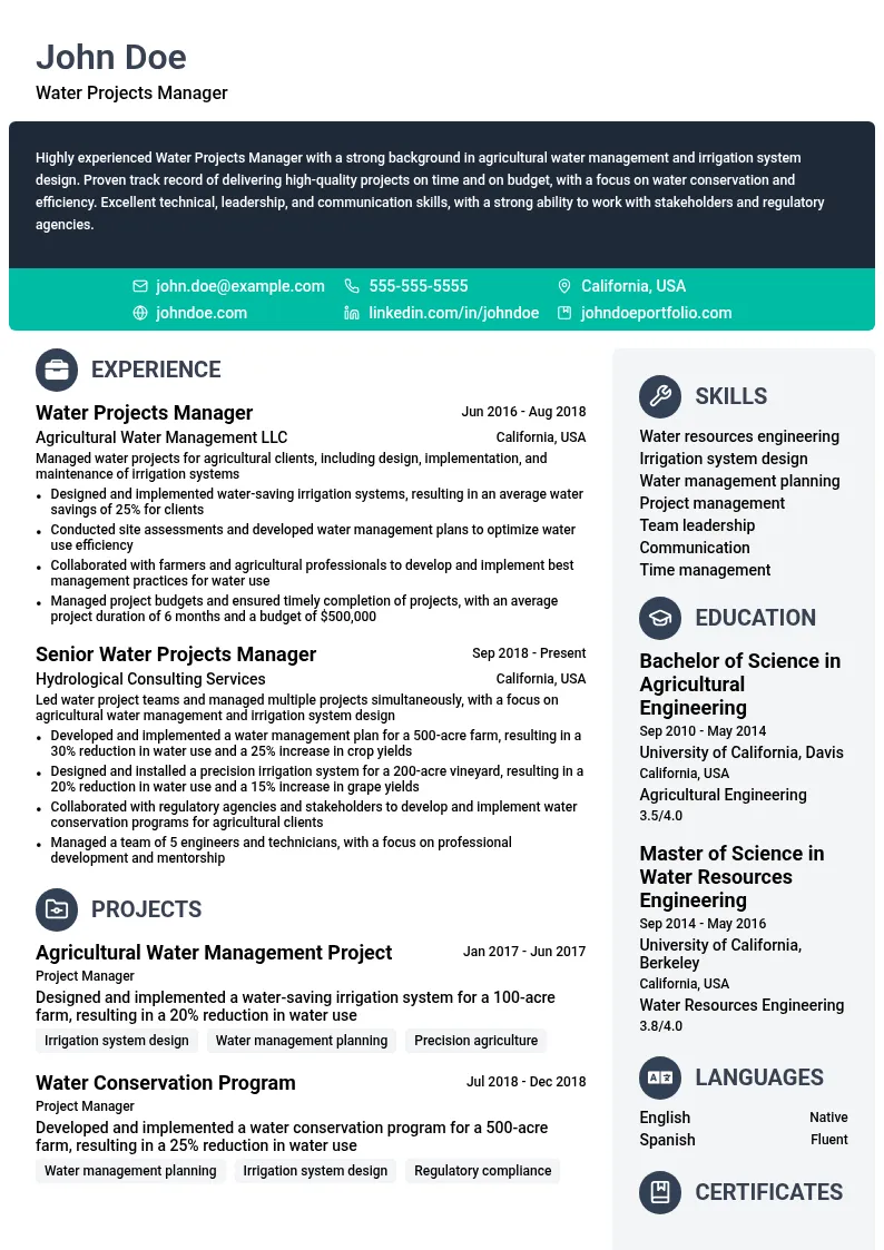 Water Projects Manager resume example