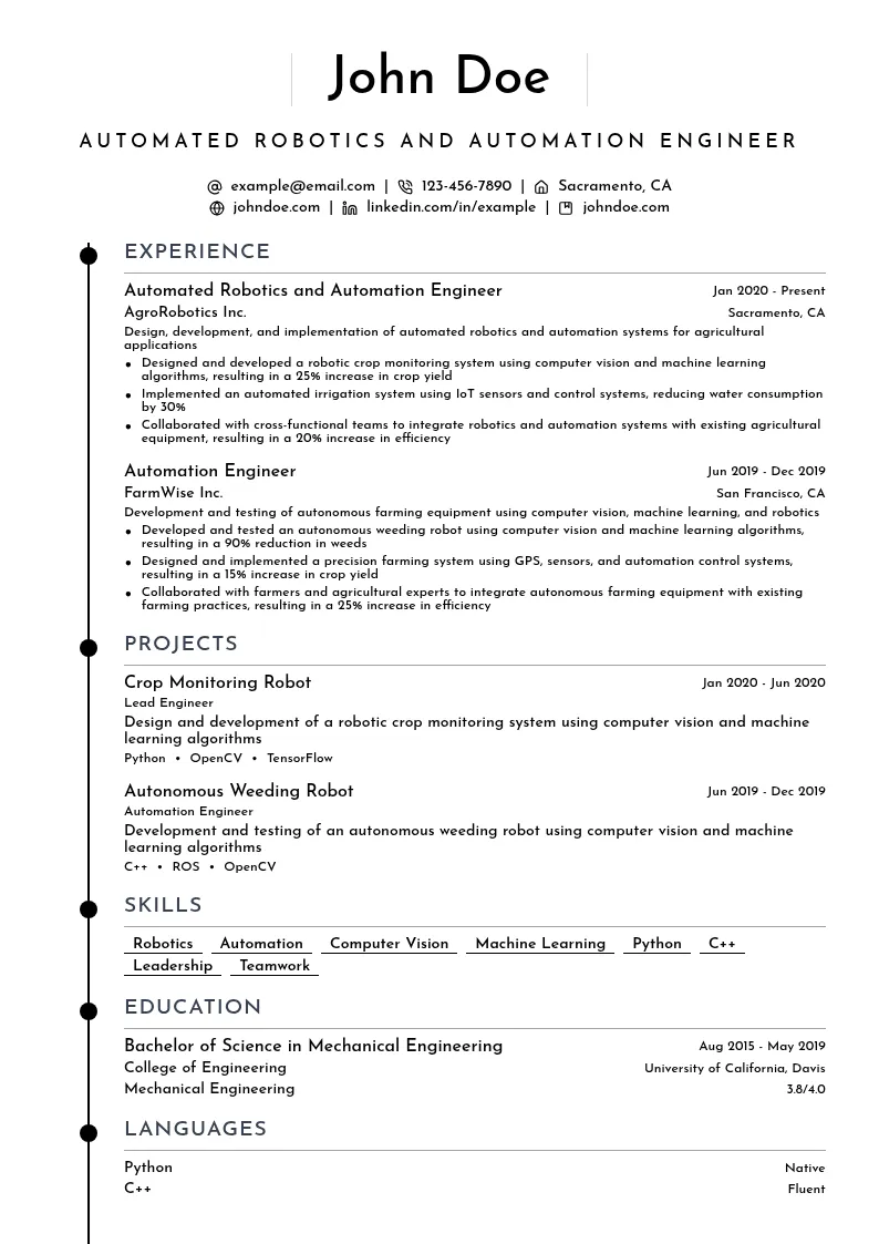 Automated Robotics and Automation Engineer resume example