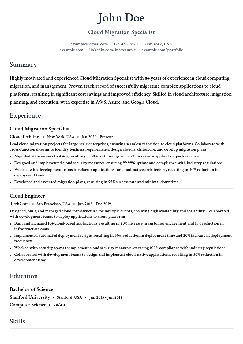 Cloud Migration Specialist resume example