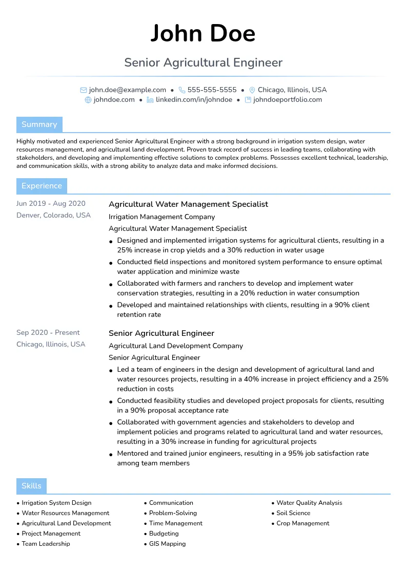 Agriculture Land and Water Resources Development resume example