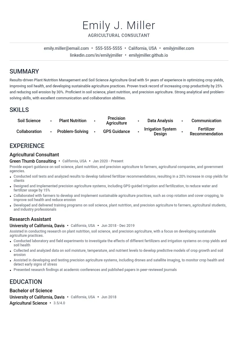 Plant Nutrition Management and Soil Science Agriculture Grad resume example