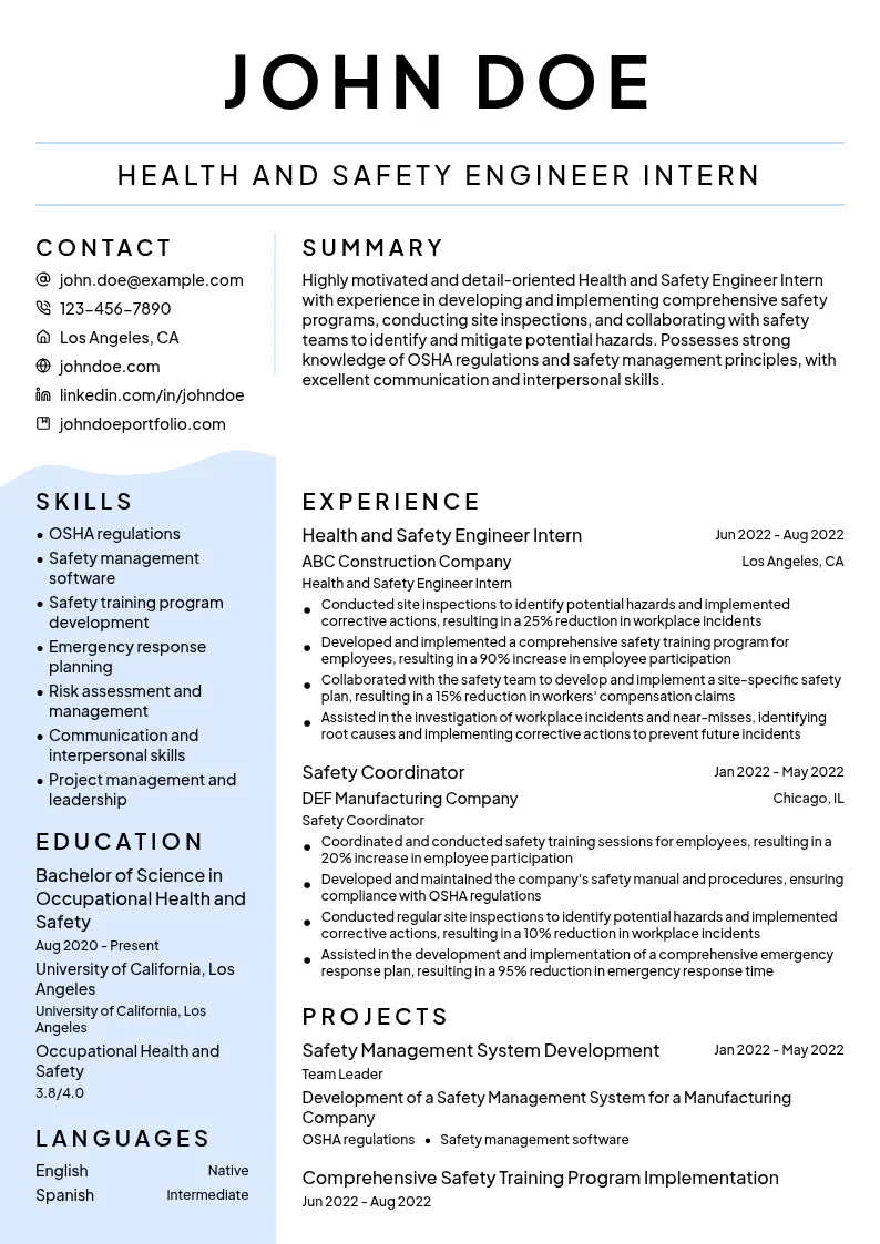 Health and Safety Engineer Intern resume example