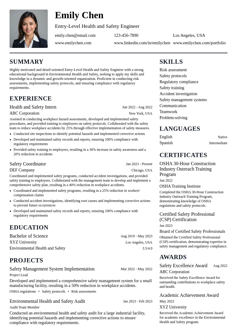 Entry-Level Health and Safety Engineer resume example