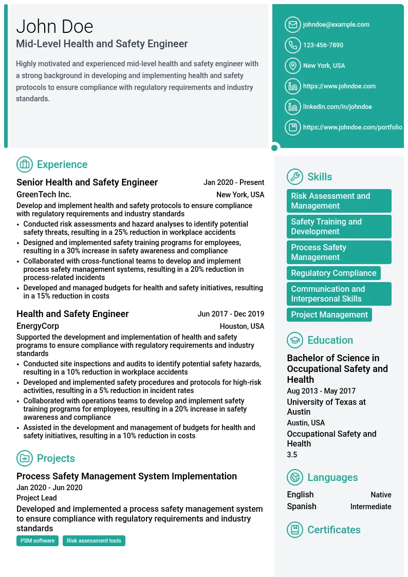 Mid-Level Health and Safety Engineer resume example