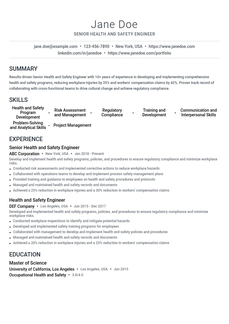 Senior Health and Safety Engineer resume example