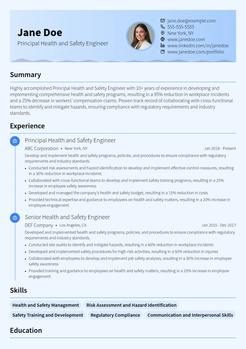 Principal Health and Safety Engineer resume example