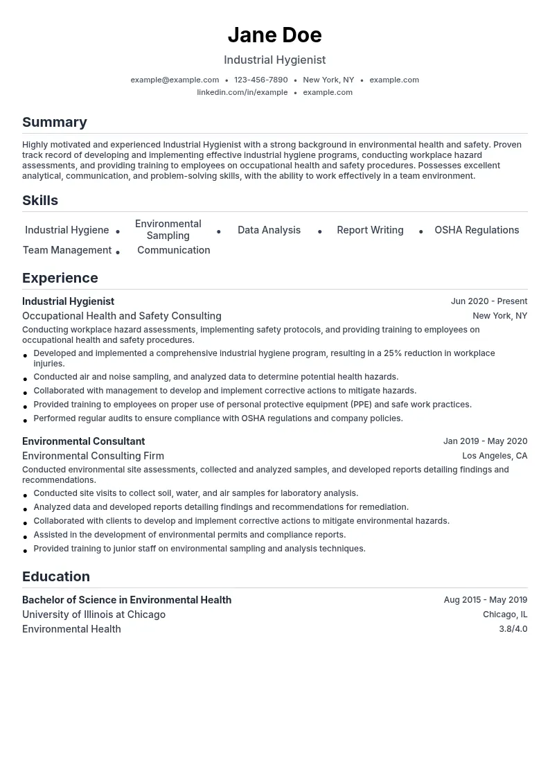 Industrial Hygienist resume example