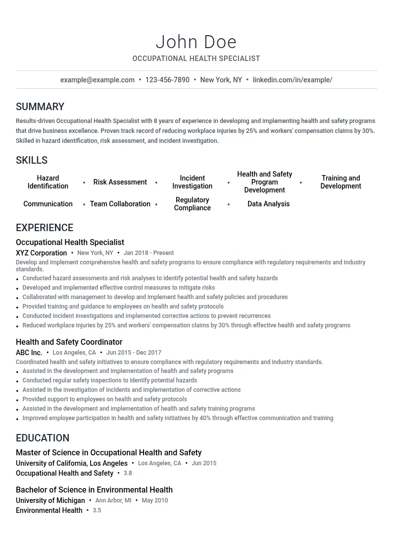 Occupational Health Specialist resume example
