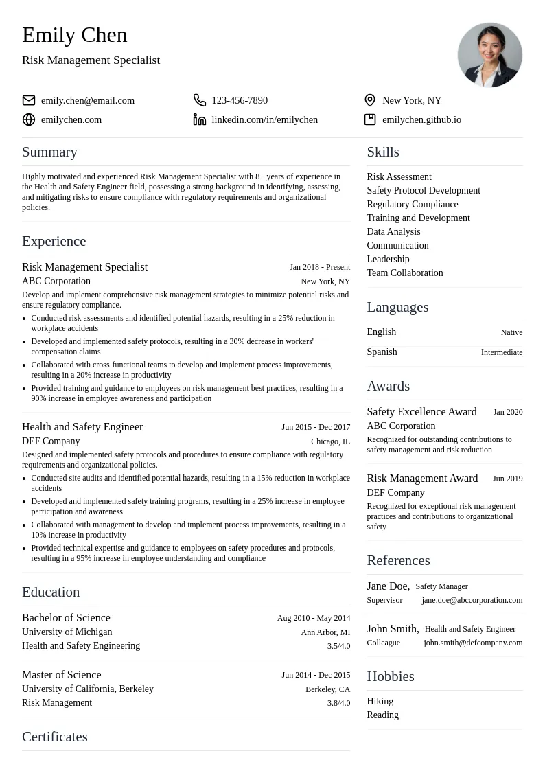 Risk Management Specialist resume example