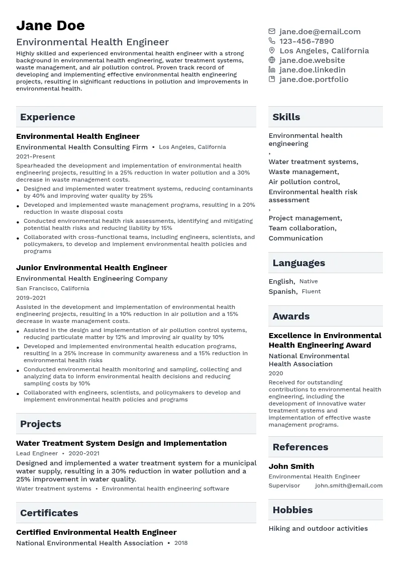 Environmental Health Engineer resume example