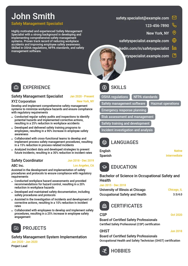 Safety Management Specialist resume example