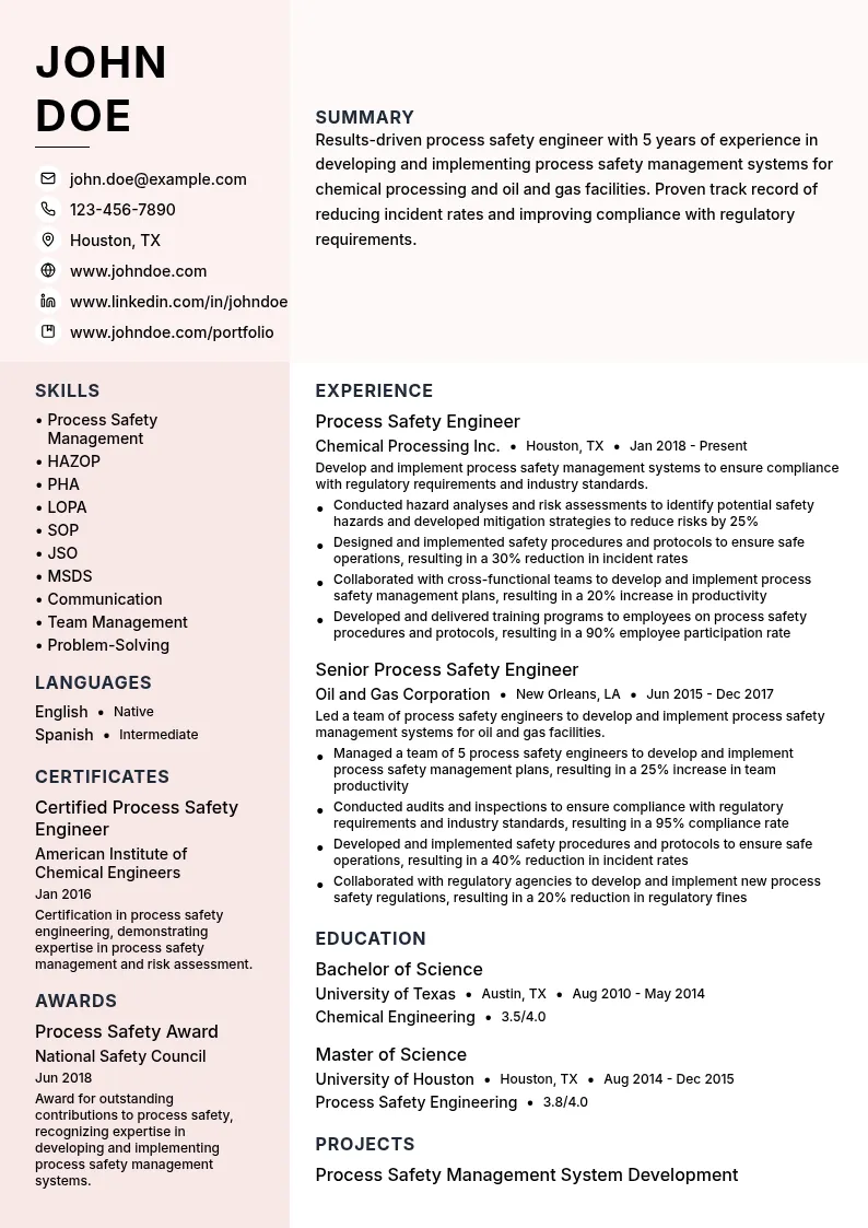 Process Safety Engineer resume example