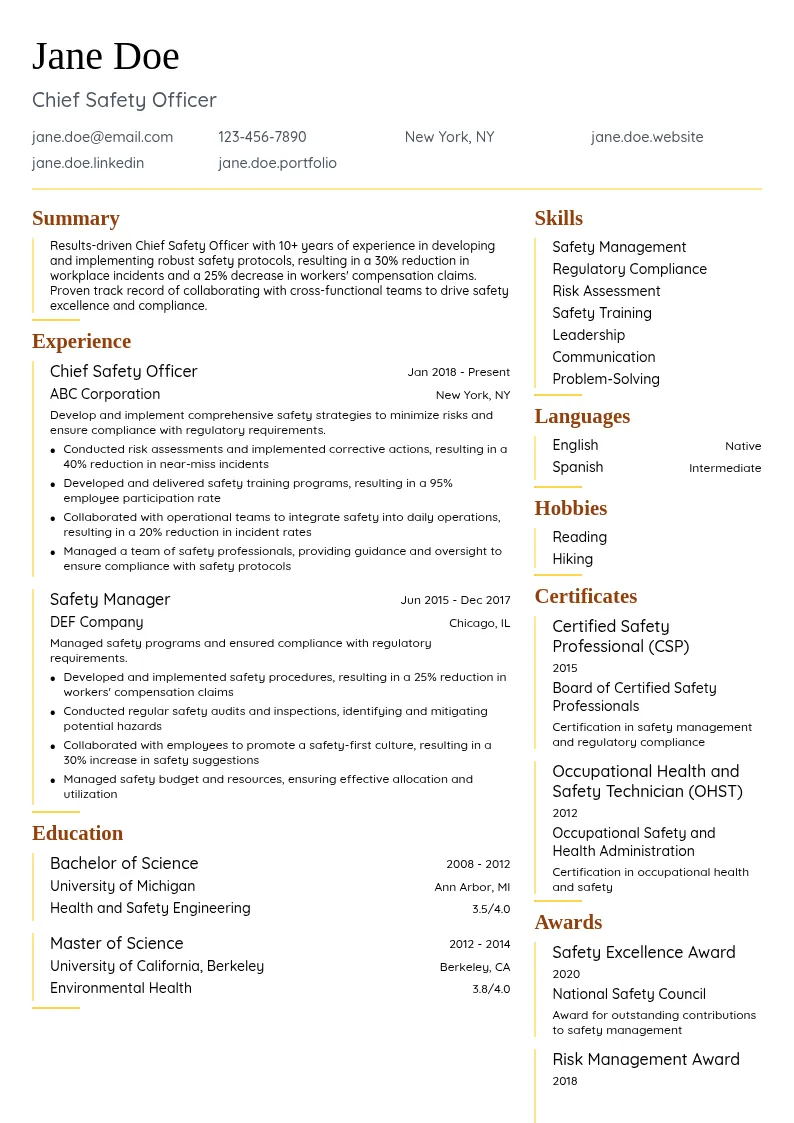 Chief Safety Officer resume example