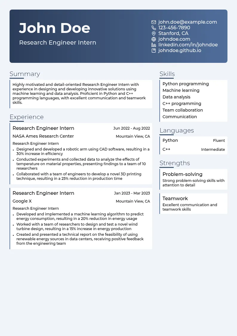 Research Engineer Intern resume example