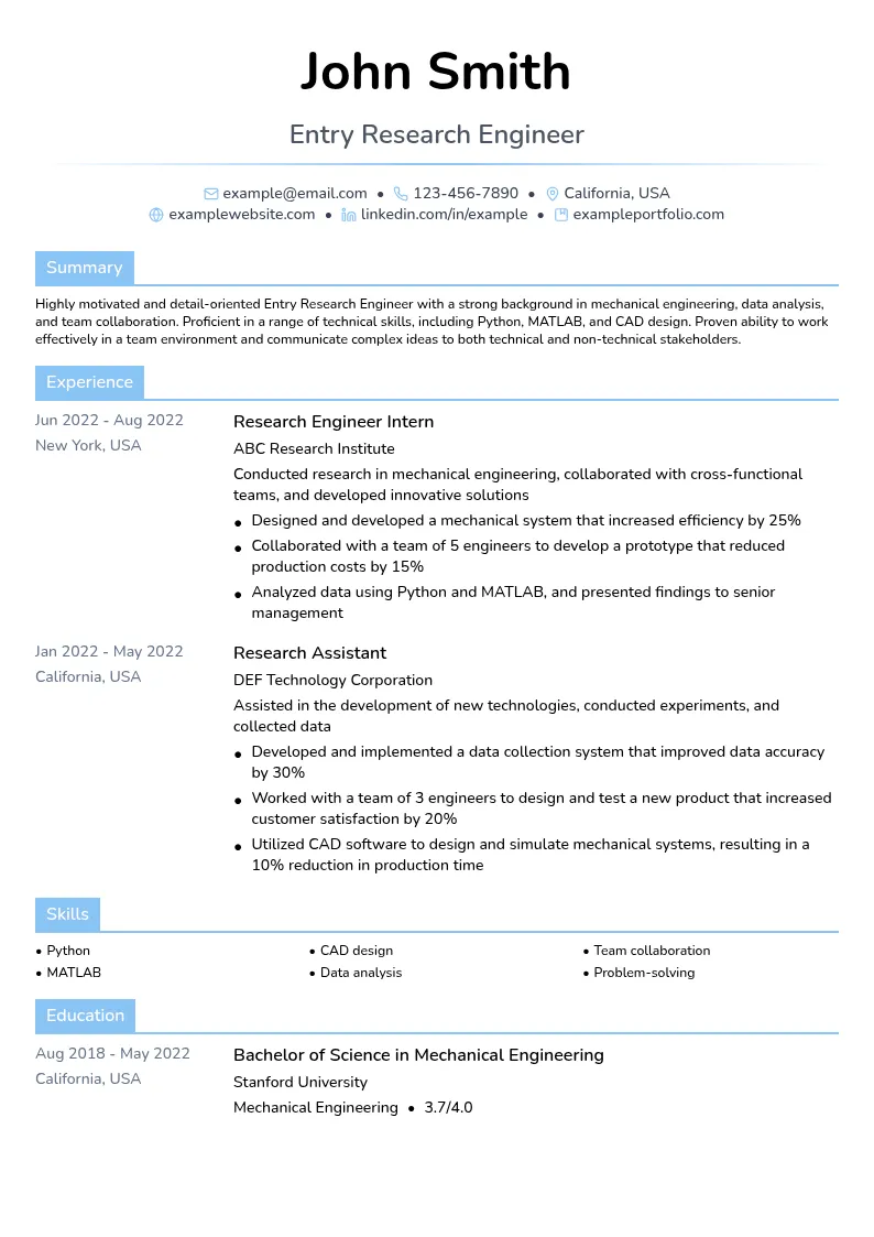 Entry Research Engineer resume example