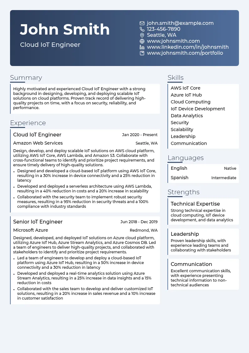 Cloud IoT Engineer resume example