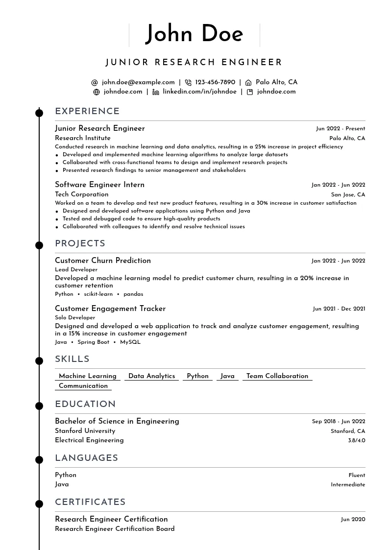 Junior Research Engineer resume example