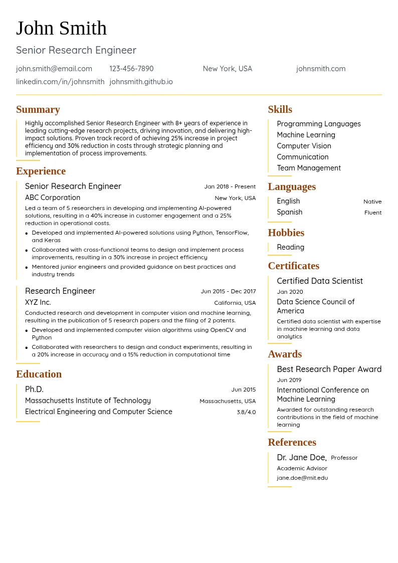 Senior Research Engineer resume example