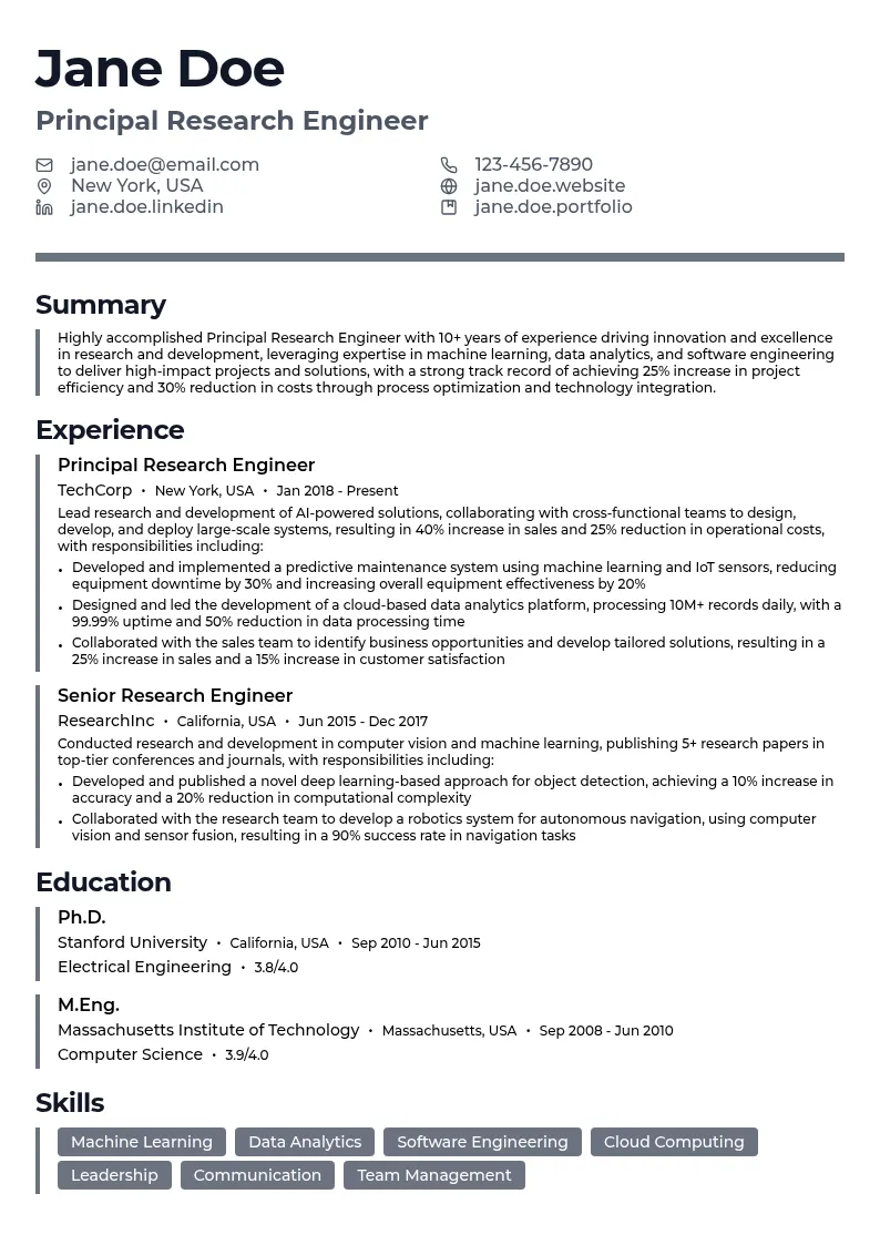 Principal Research Engineer resume example