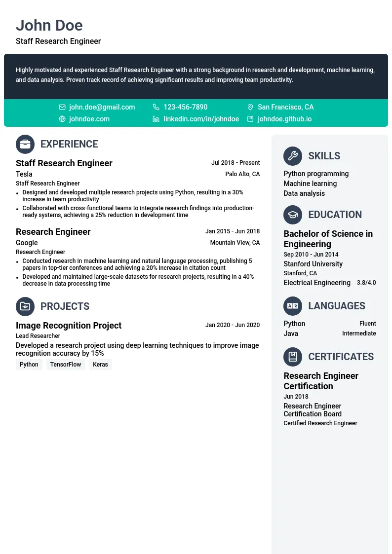 Staff Research Engineer resume example