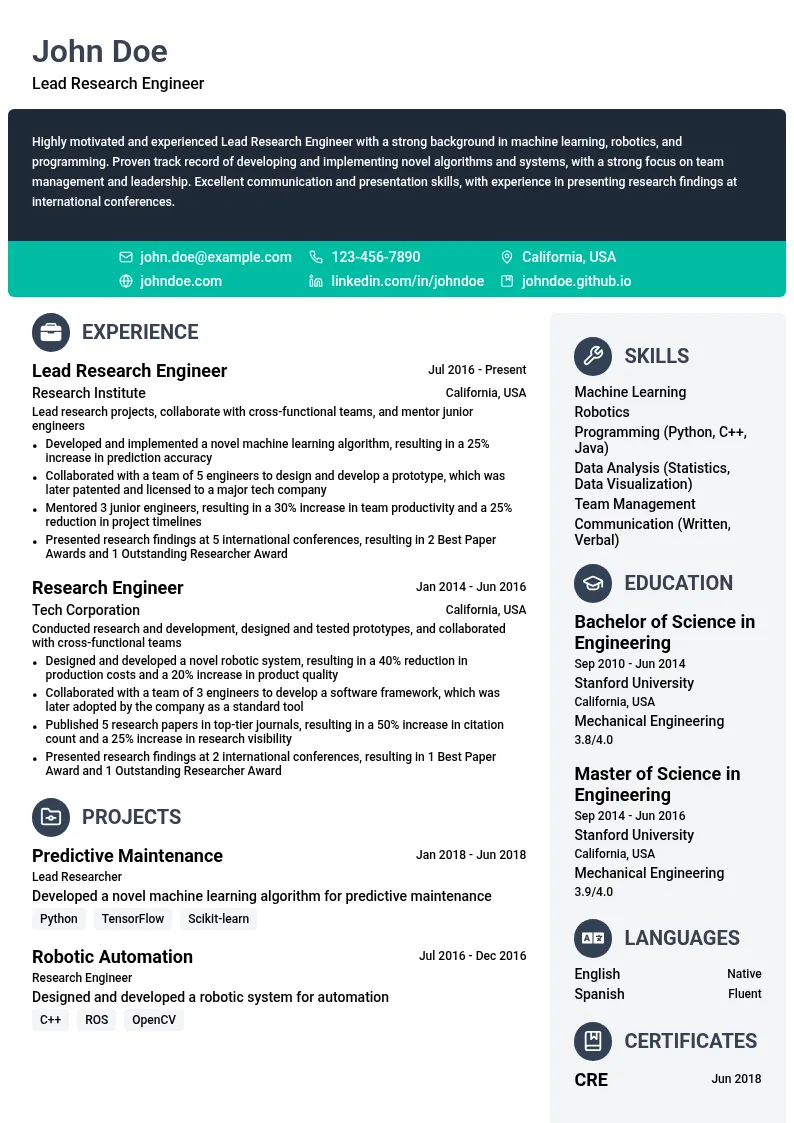 Lead Research Engineer resume example