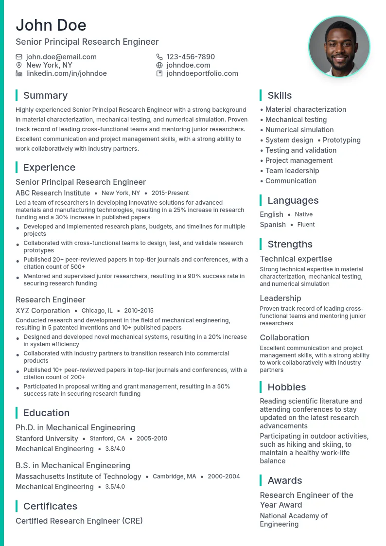 Senior Principal Research Engineer resume example