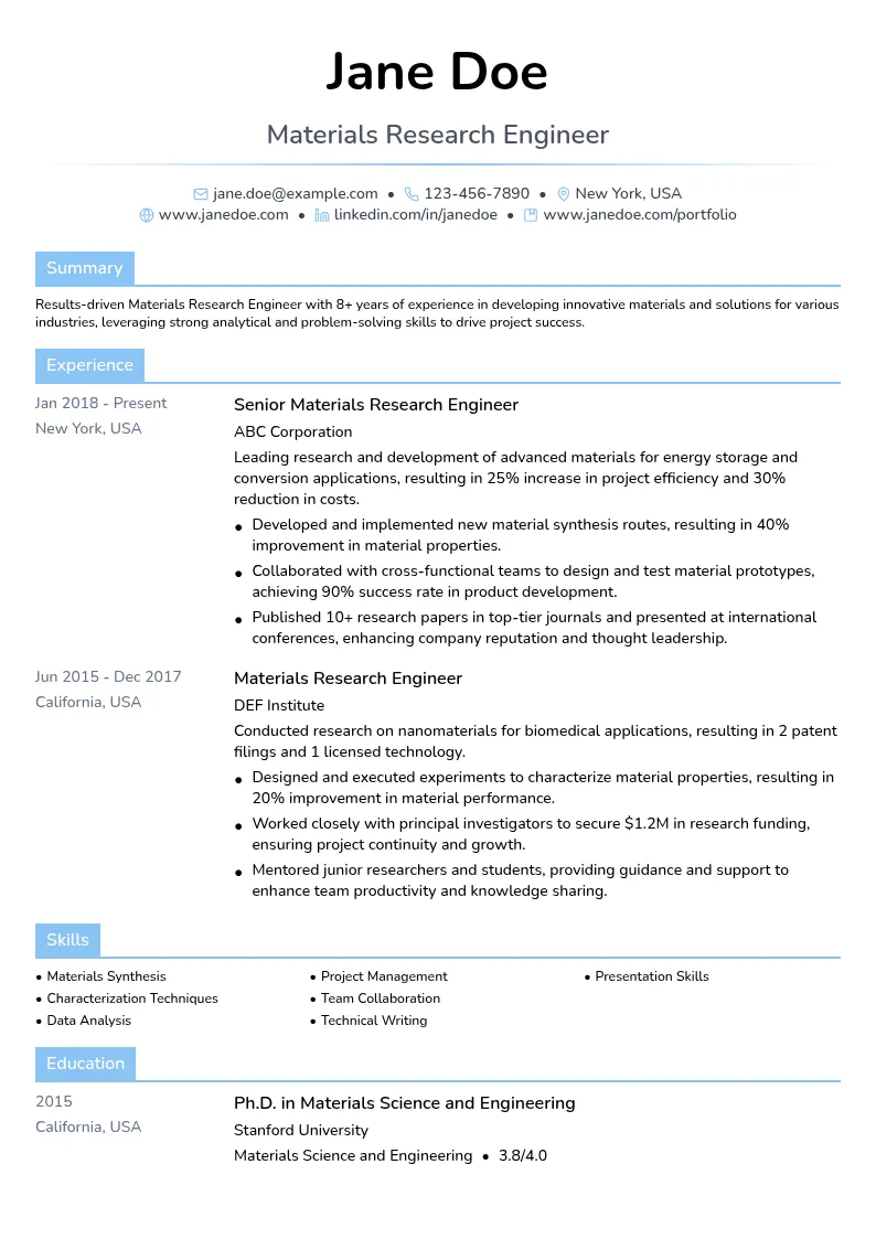 Materials Research Engineer resume example