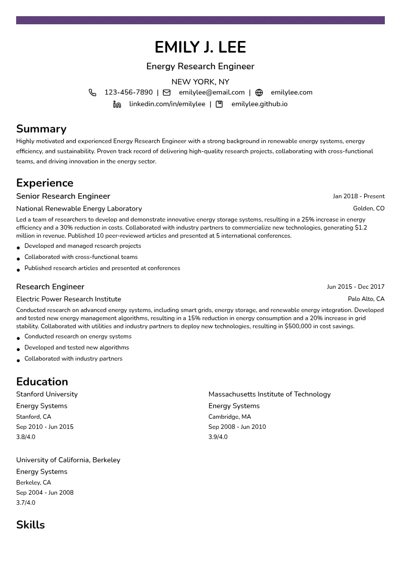 Energy Research Engineer resume example