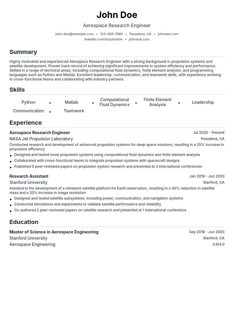 Aerospace Research Engineer resume example