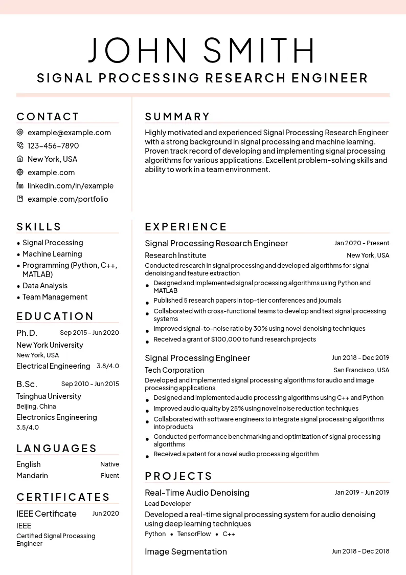 Signal Processing Research Engineer resume example