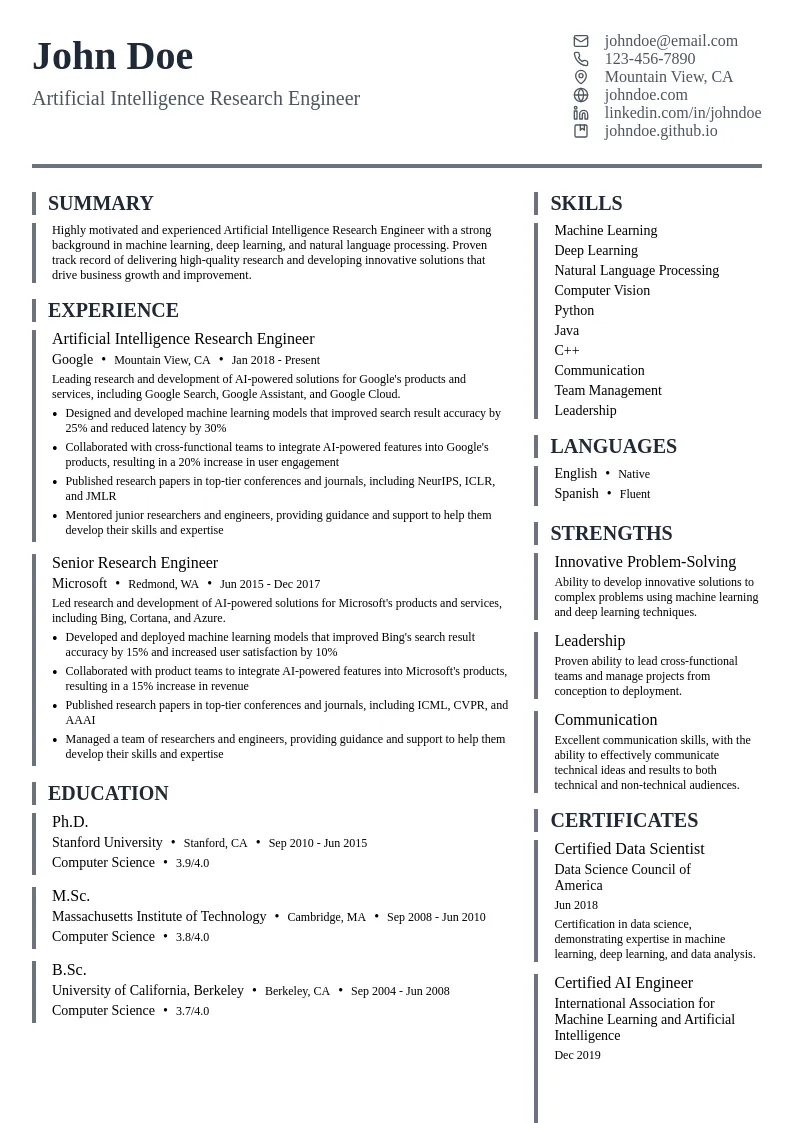 Artificial Intelligence Research Engineer resume example