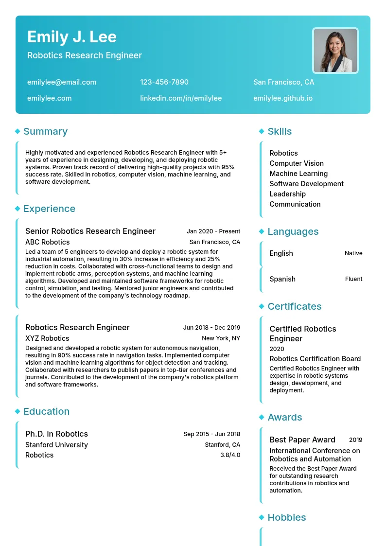 Robotics Research Engineer resume example