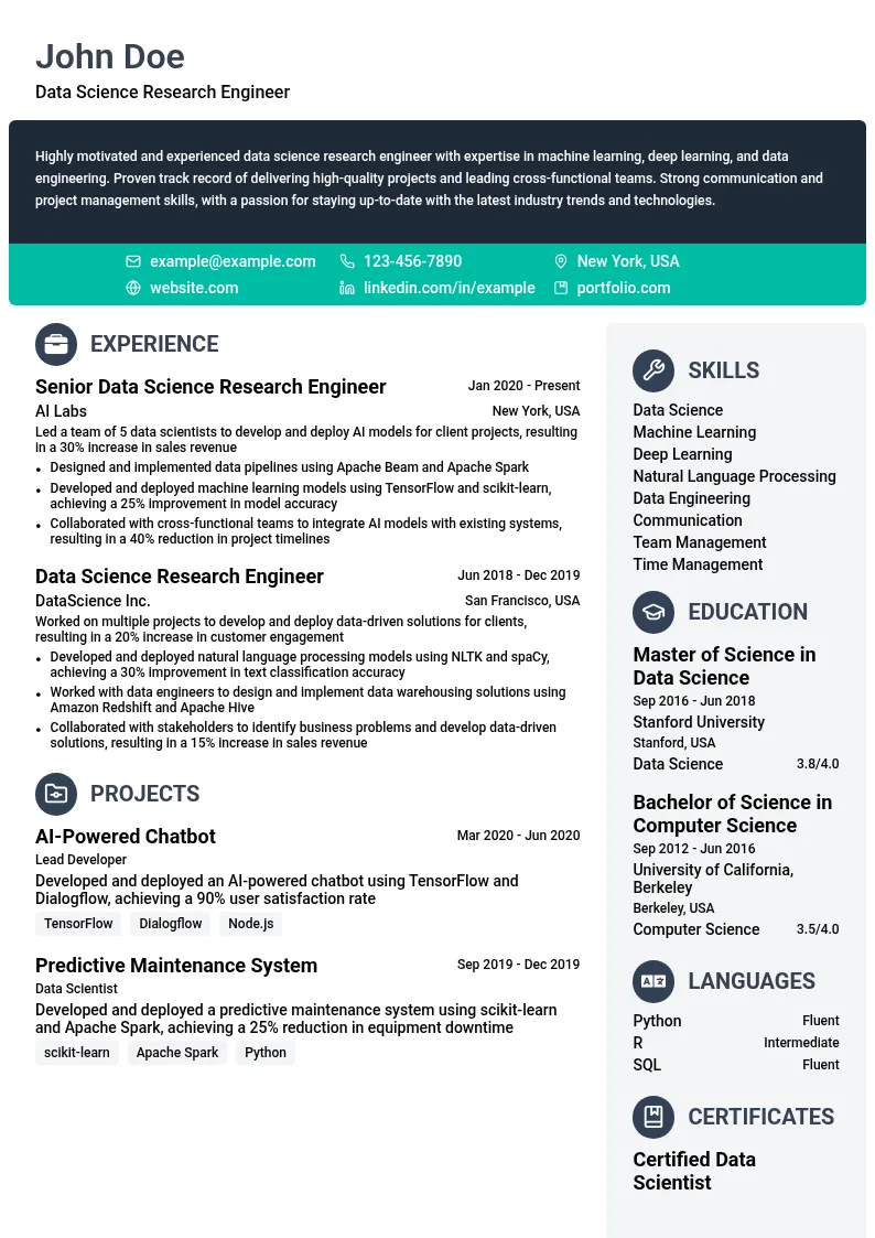 Data Science Research Engineer resume example