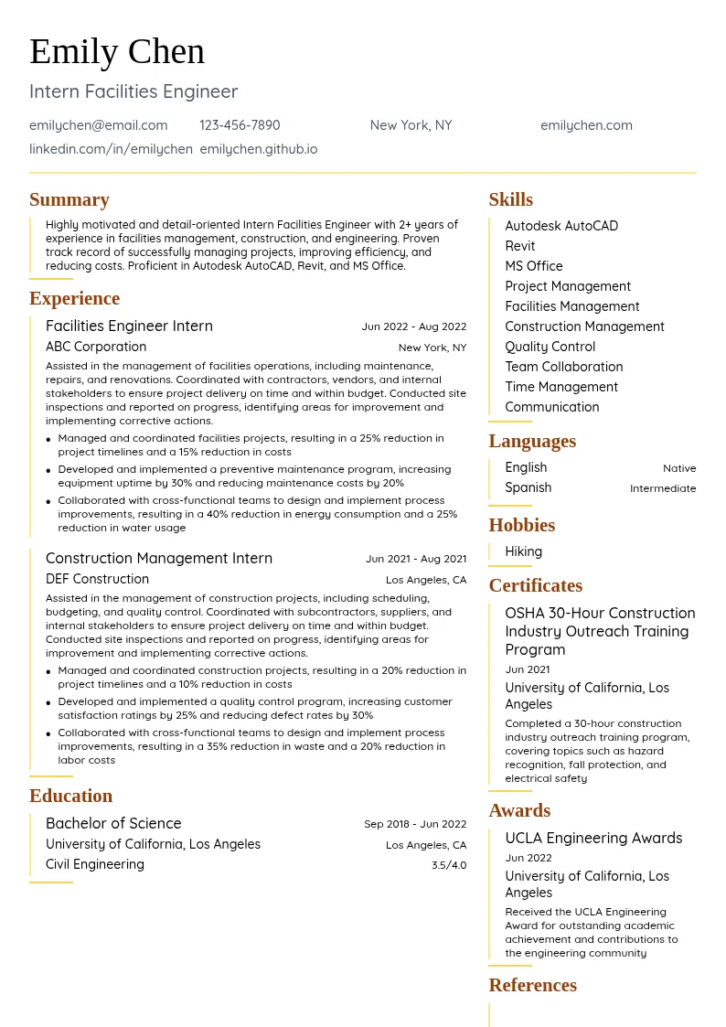 Intern Facilities Engineer resume example