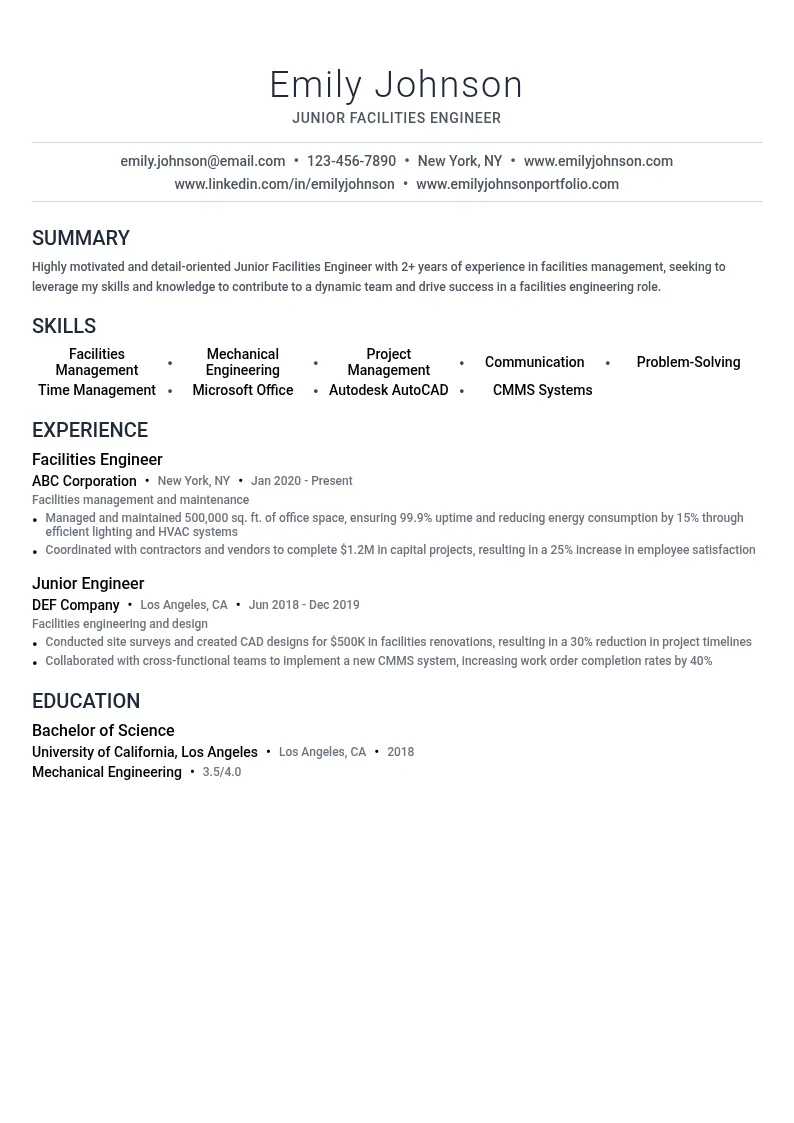 Junior Facilities Engineer resume example