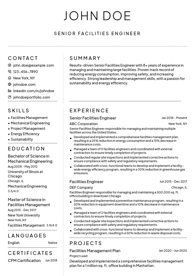 Senior Facilities Engineer resume example