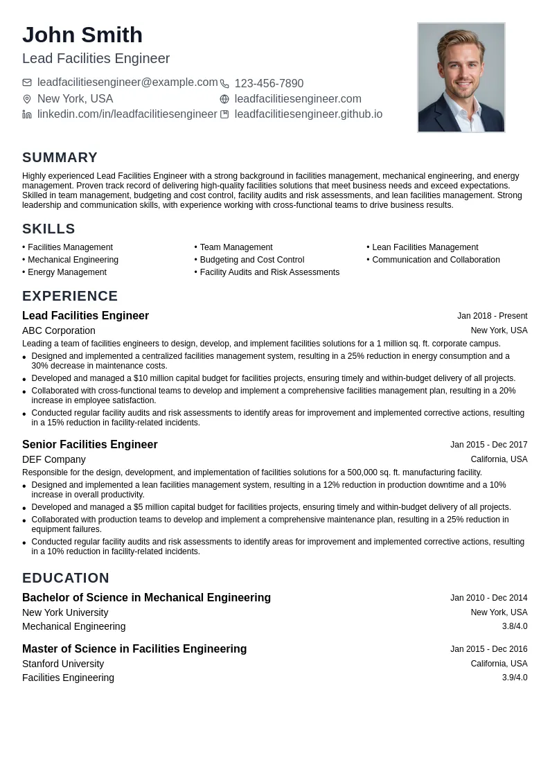 Lead Facilities Engineer resume example