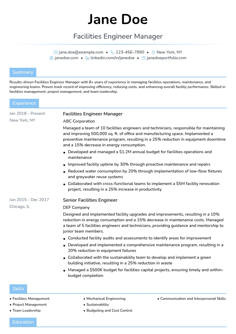 Facilities Engineer Manager resume example