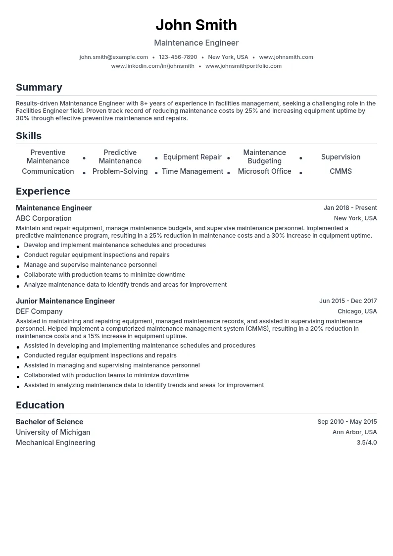 Maintenance Engineer resume example