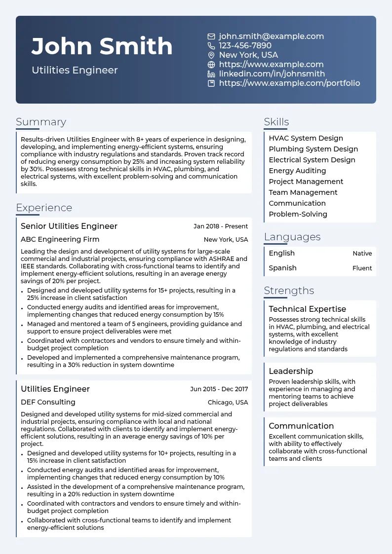 Utilities Engineer resume example