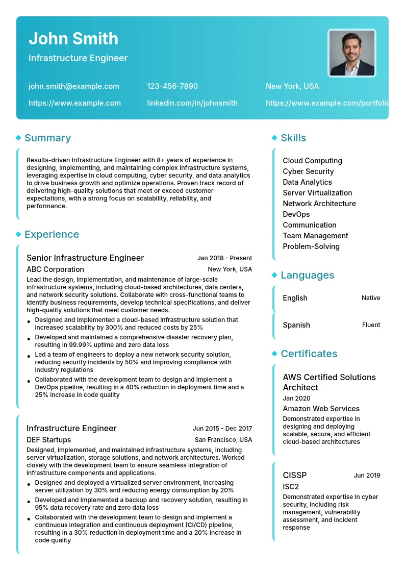 Infrastructure Engineer resume example