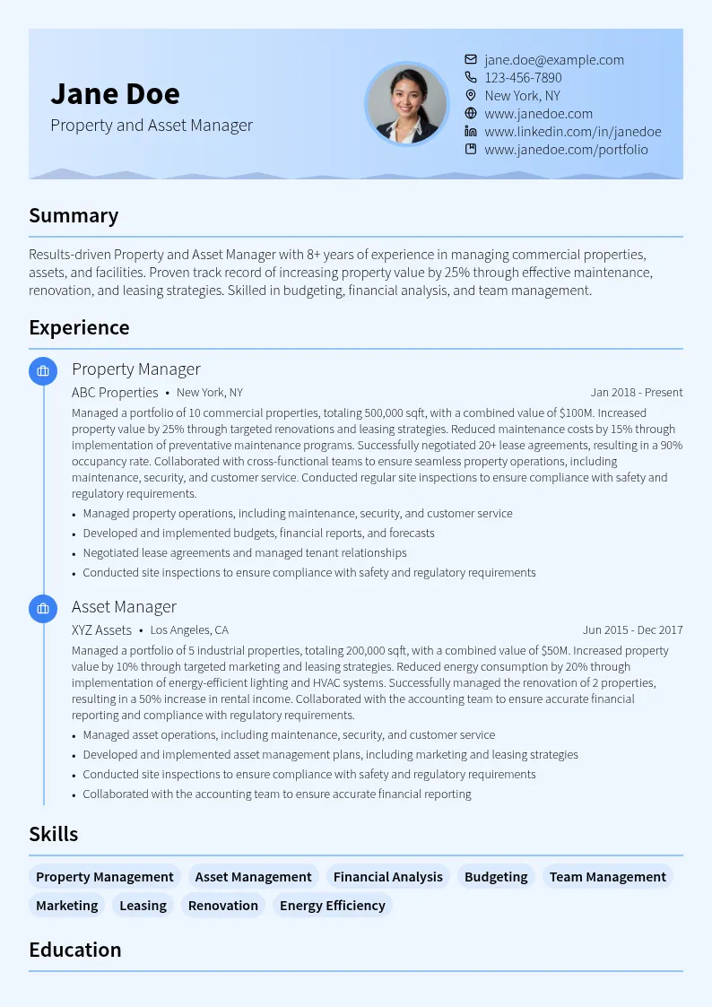 Property and Asset Manager resume example