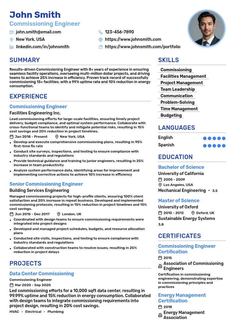 Commissioning Engineer resume example