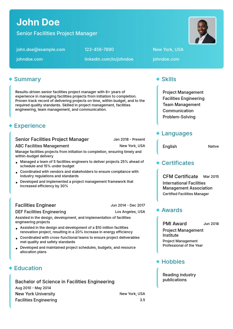 Project Management Facilities resume example