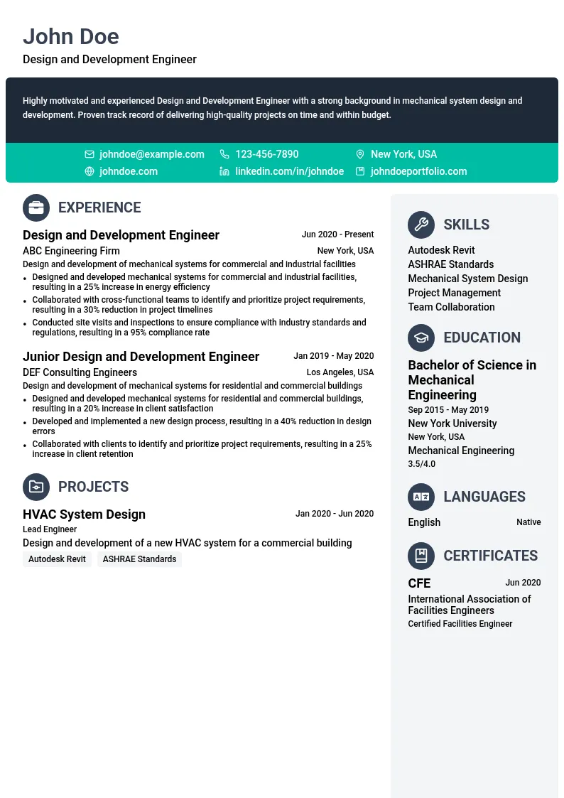 Design and Development Engineer resume example
