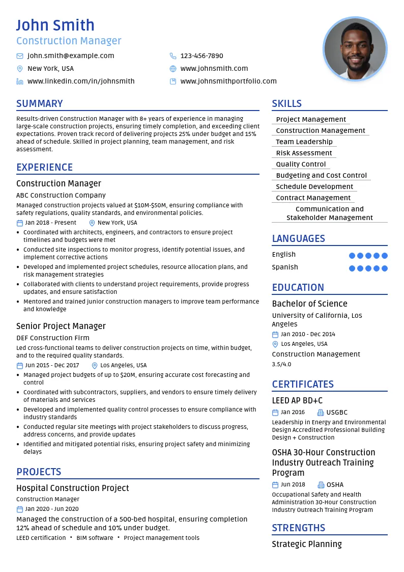 Construction Manager resume example
